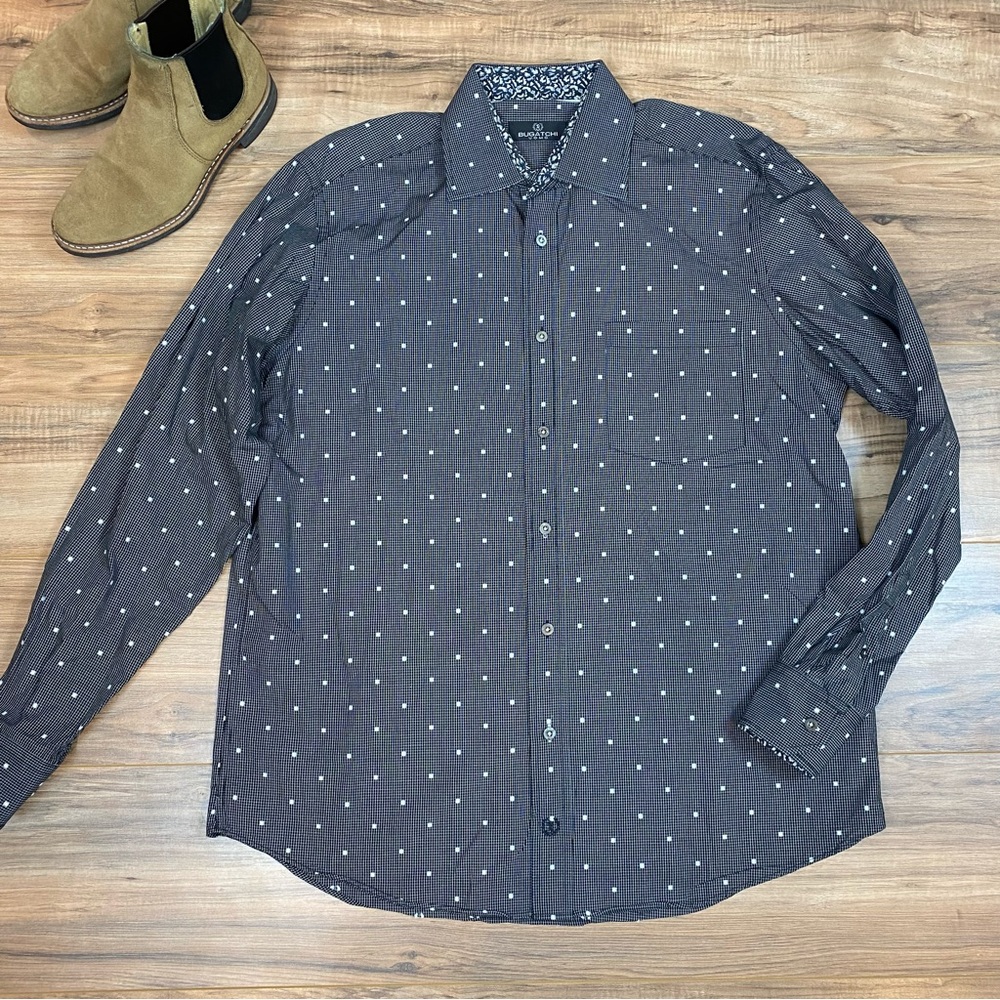 Bugatchi Long Sleeve‎ Button Down Shirt Geometric Print Men's L Color Black